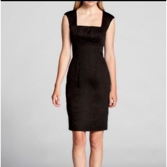 Calvin Klein 12 Sleeveless Dress Square Neck Sheath Back Slit Black Chambray - Picture 1 of 8
